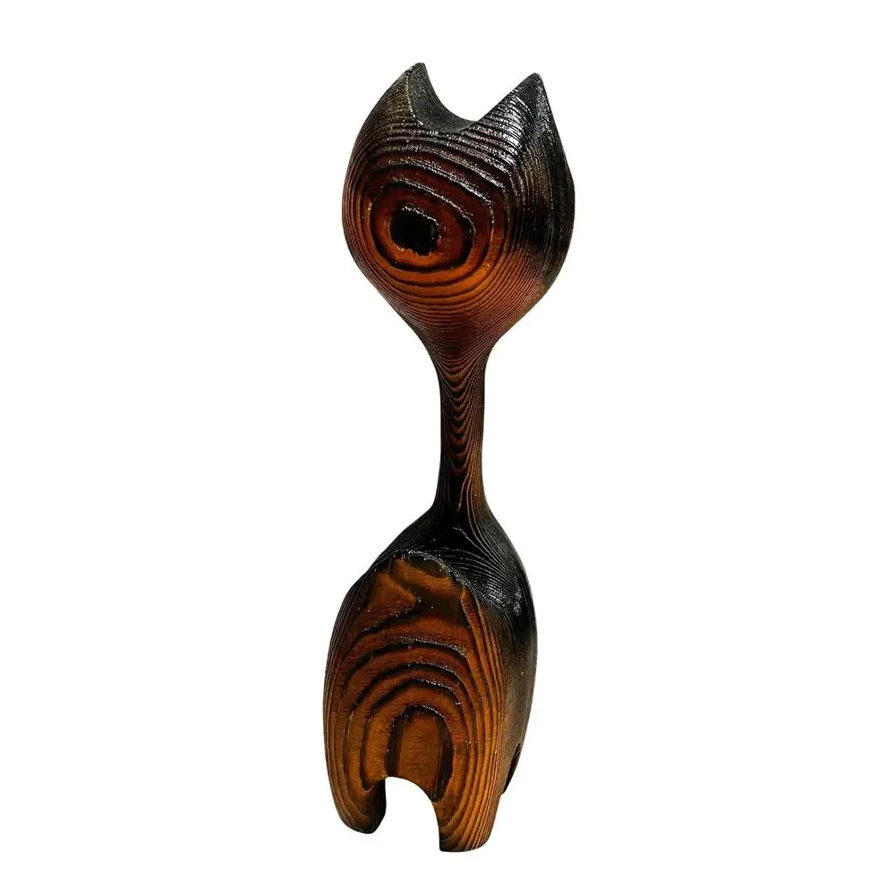 Unique vintage carved wood cat figurine 1970's dark brown textured wood grain
